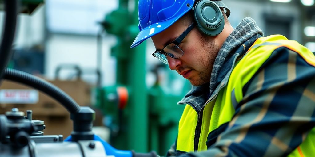 Trabalhador qualificado em ambiente industrial, com foco e segurança.