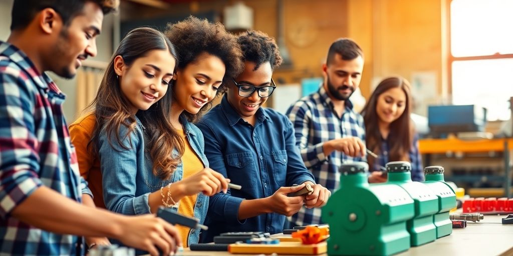 Estudantes em treinamento técnico prático em um workshop.