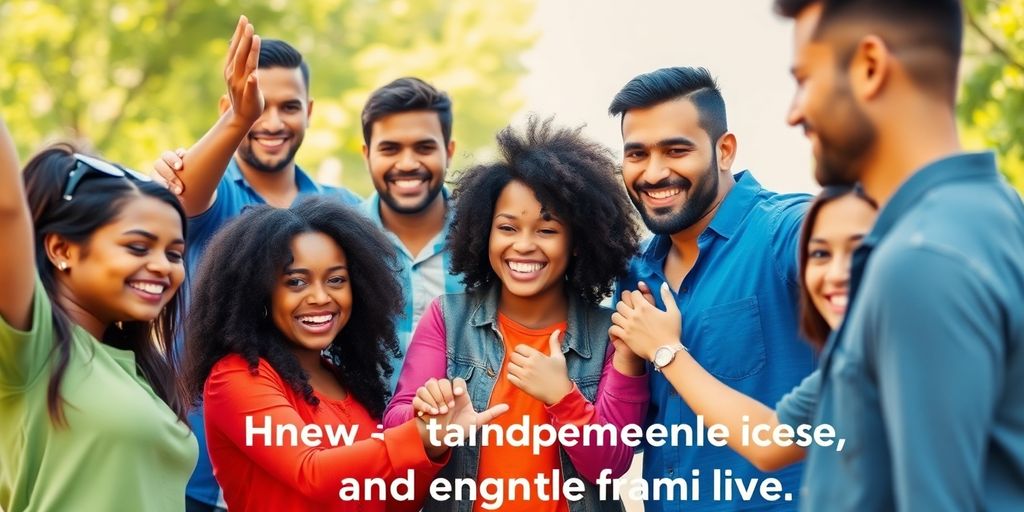 Grupo unido de pessoas sorrindo e se apoiando.