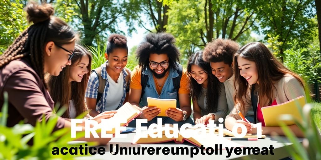Estudantes diversos aprendendo juntos ao ar livre.