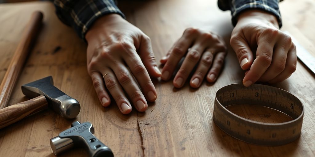 Mãos em mesa de carpintaria.