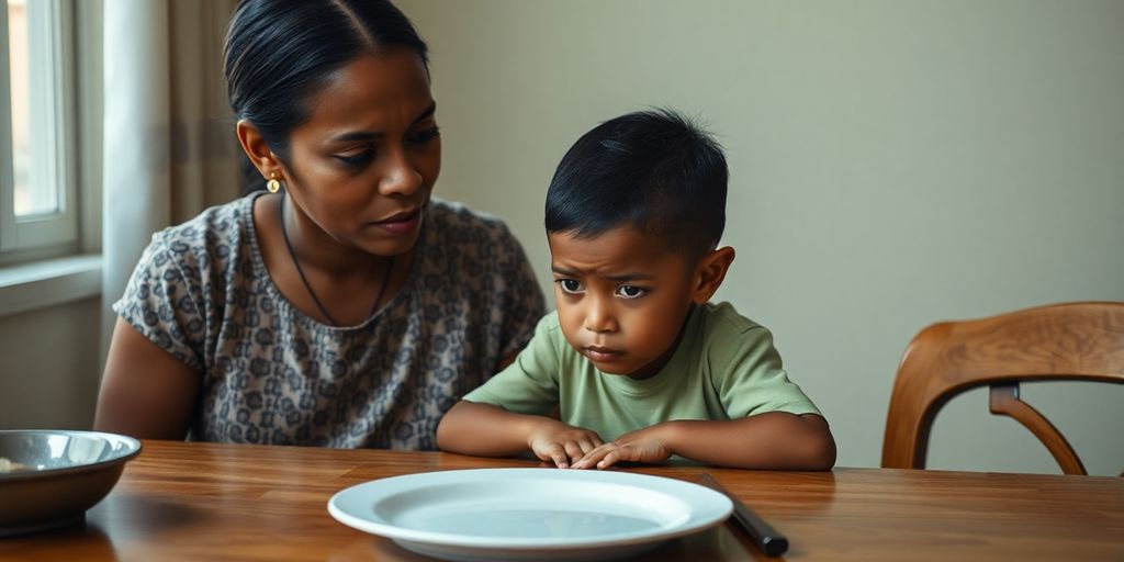 Criança triste e pai preocupado em mesa vazia.