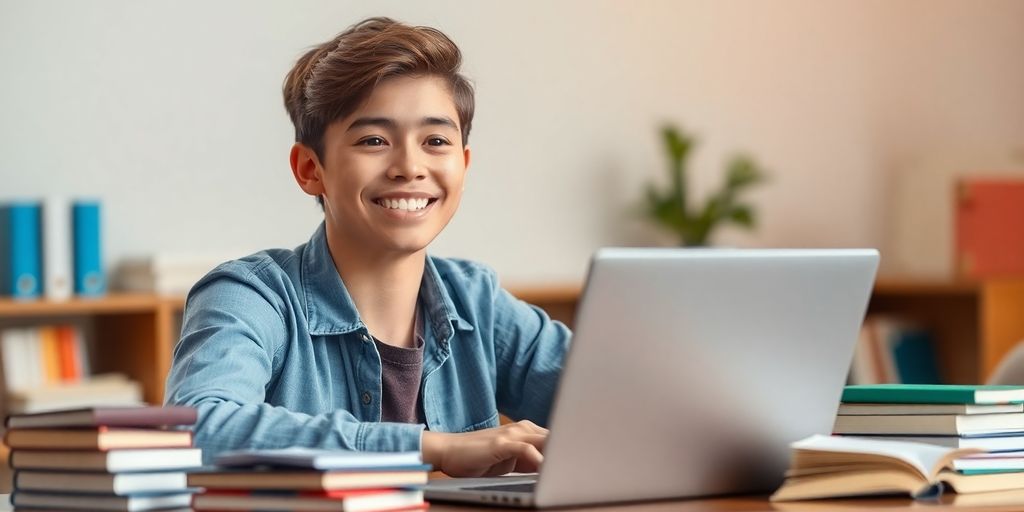 Jovem feliz estudando com notebook