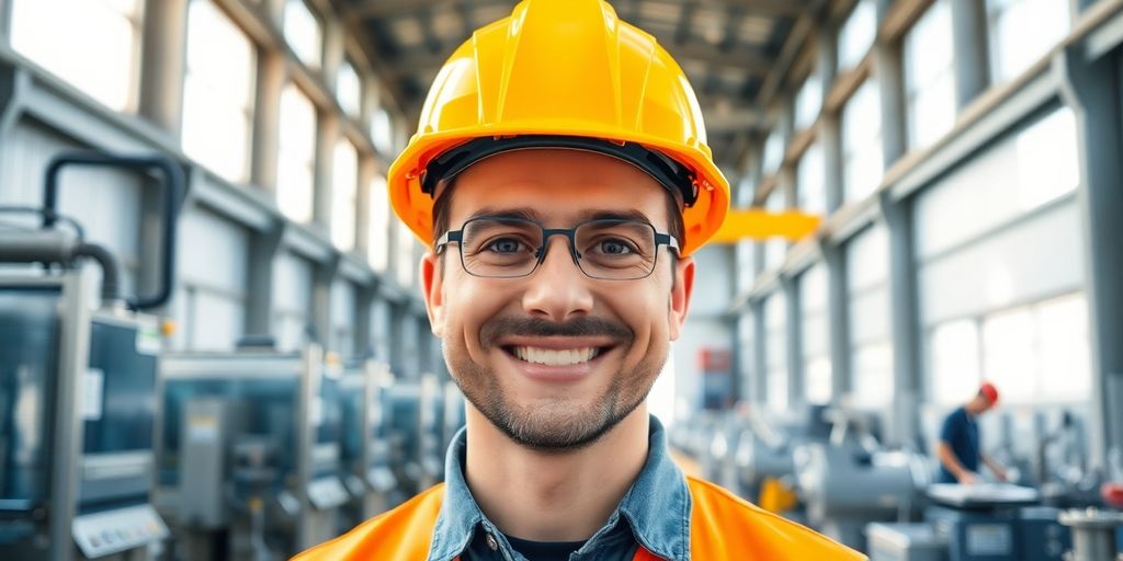 Homem feliz, capacete, fábrica moderna, luz natural.