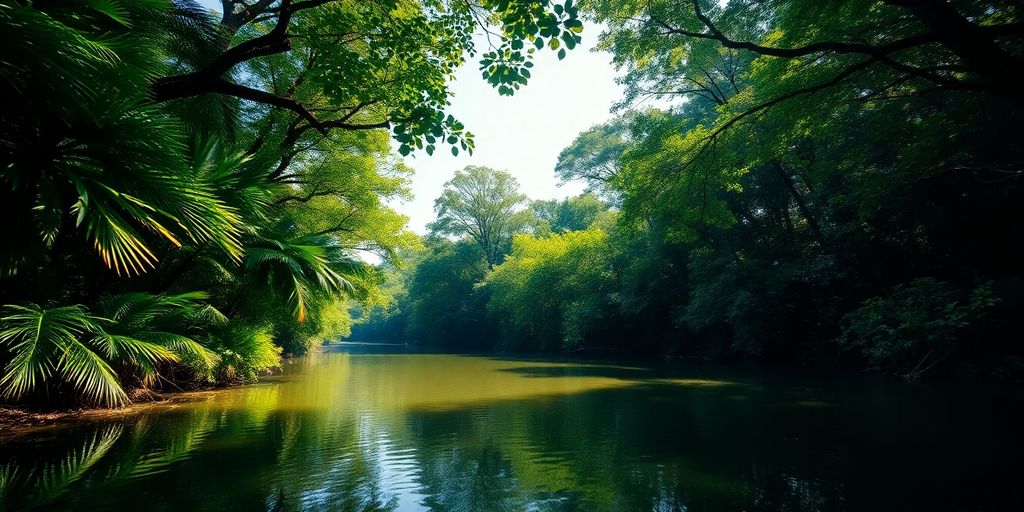 Floresta amazônica densa com árvores altas e rio.