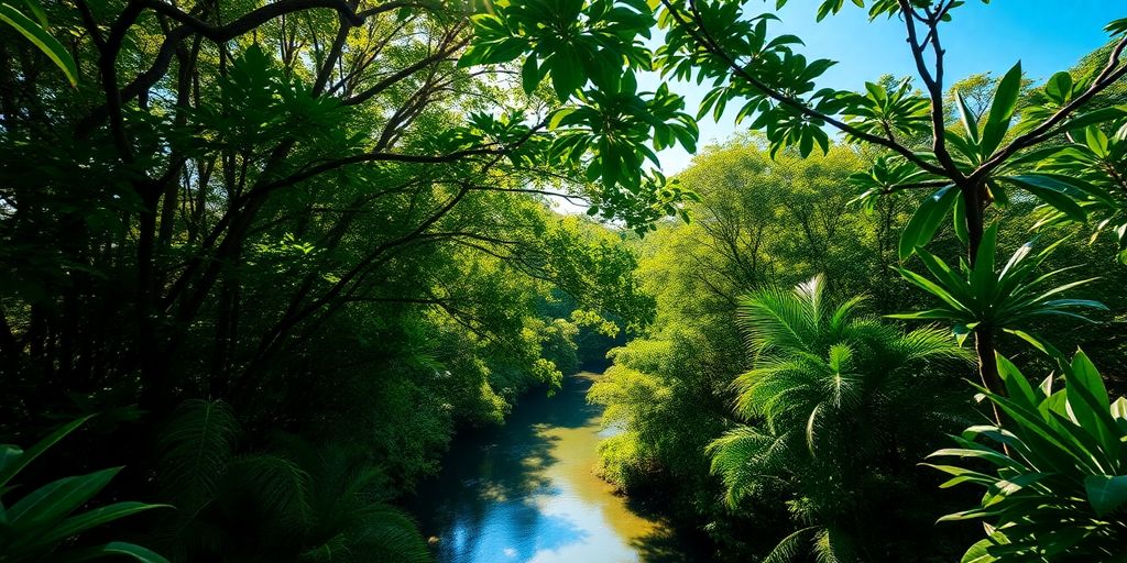 Selva tropical densa com rio e céu azul