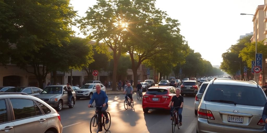 Carros, pedestres e ciclistas na rua.