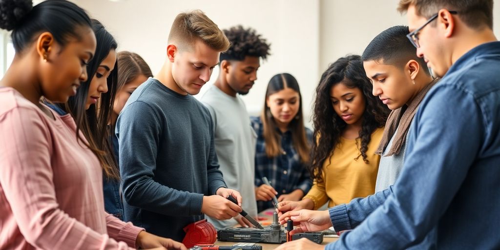 Jovens adultos aprendendo em um ambiente prático
